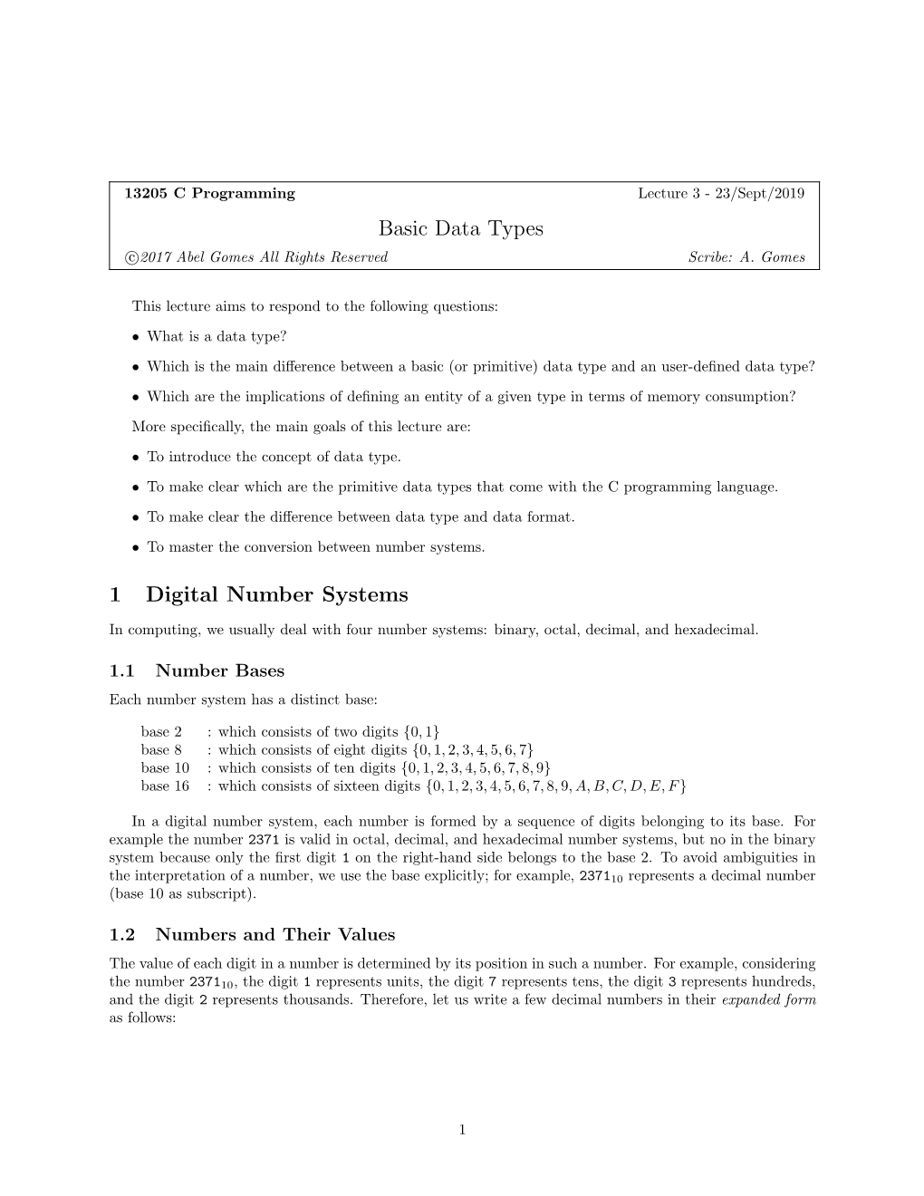 Basic Data Types 1 Digital Number Systems