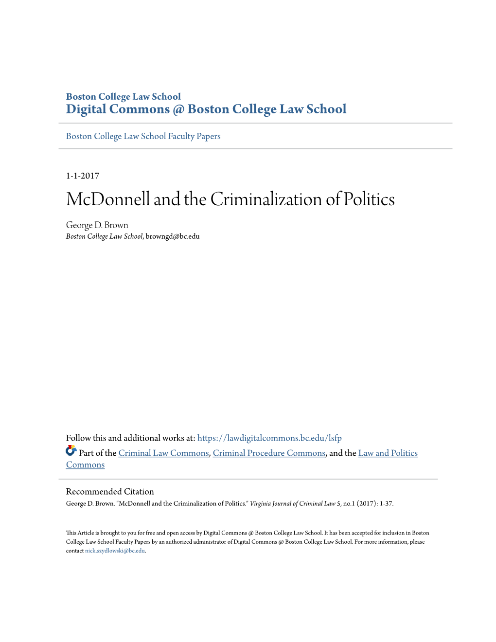 Mcdonnell and the Criminalization of Politics George D