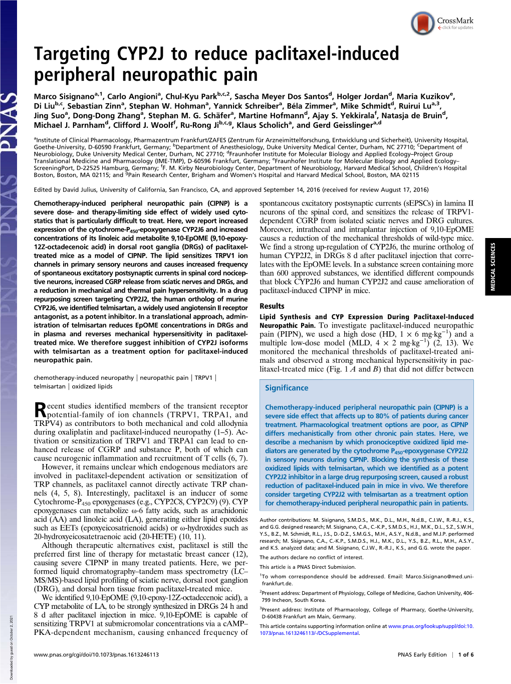 Targeting CYP2J to Reduce Paclitaxel-Induced Peripheral Neuropathic Pain