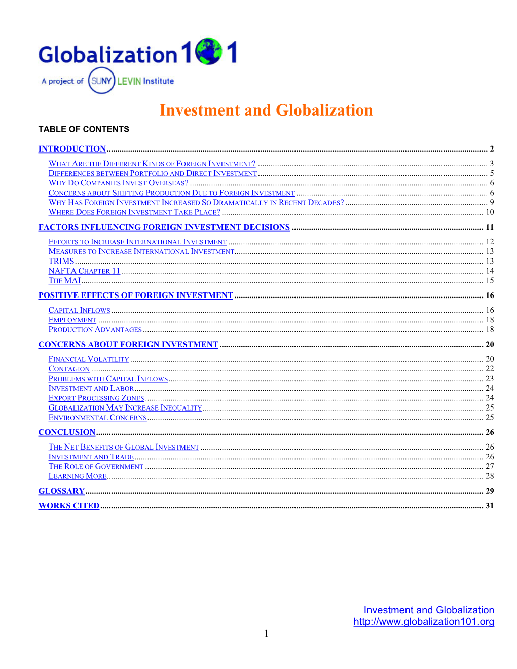 Investment and Globalization TABLE of CONTENTS