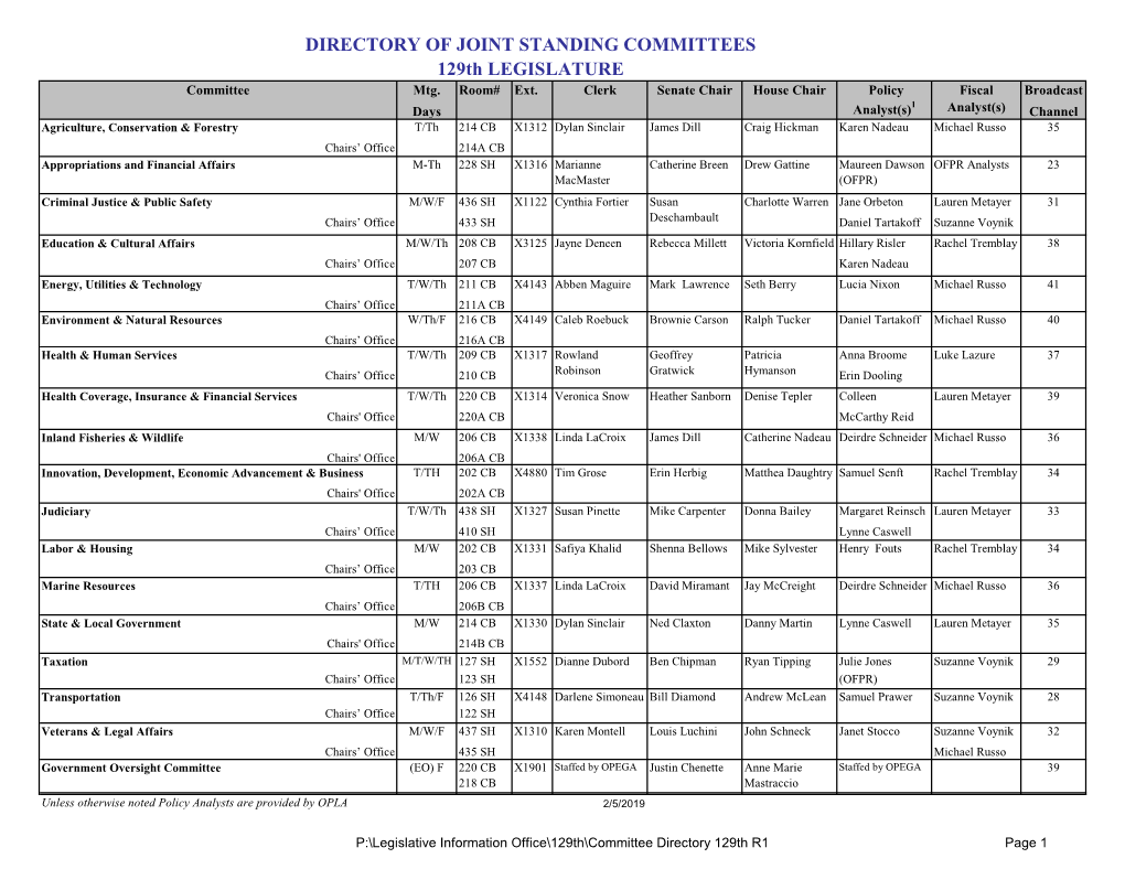Directory of Joint Standing Committees, 129Th Maine Legislature