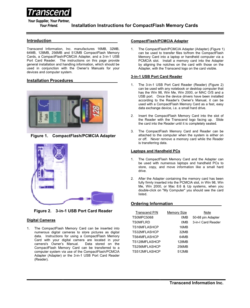 Installation Instructions for Compactflash Memory Cards