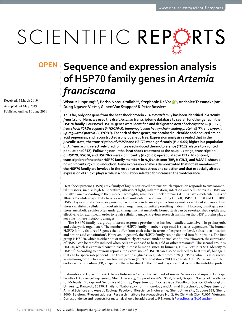 Sequence and Expression Analysis of HSP70 Family Genes in Artemia