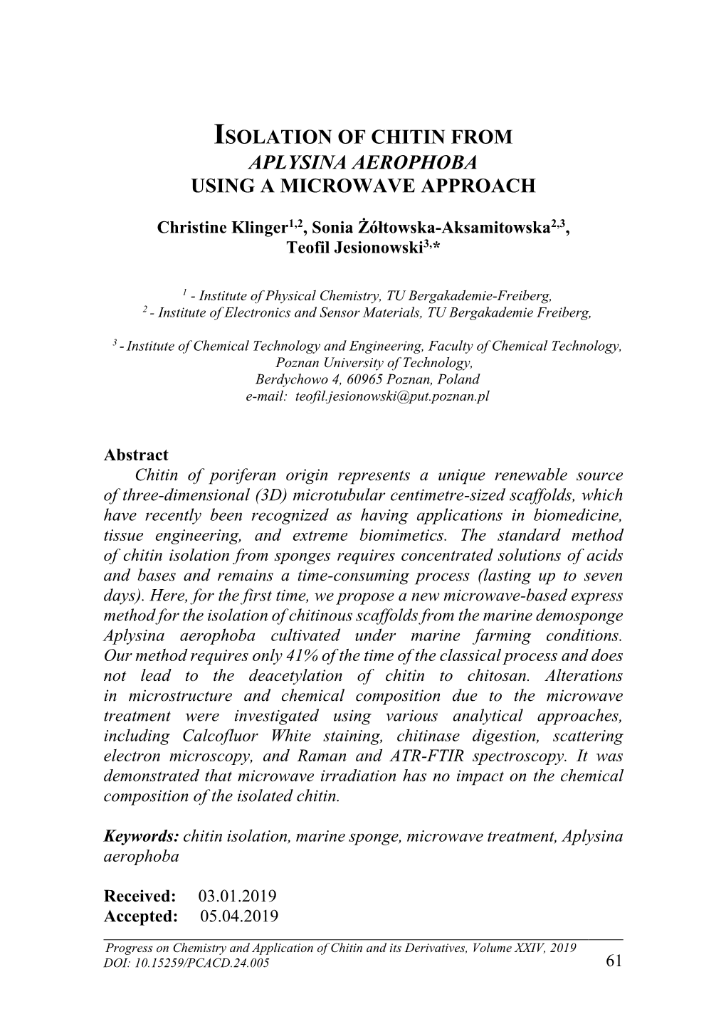 Isolation of Chitin from Aplysina Aerophoba Using a Microwave Approach