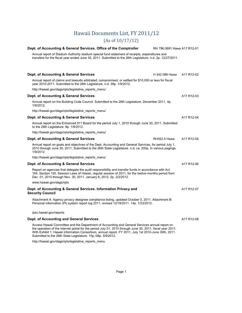 Hawaii Documents List FY 2011-12