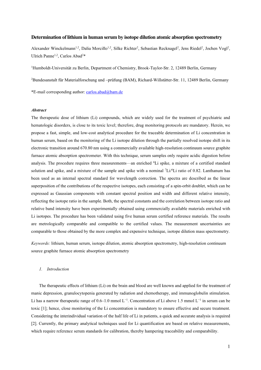 Determination of Lithium in Human Serum by Isotope Dilution Atomic Absorption Spectrometry