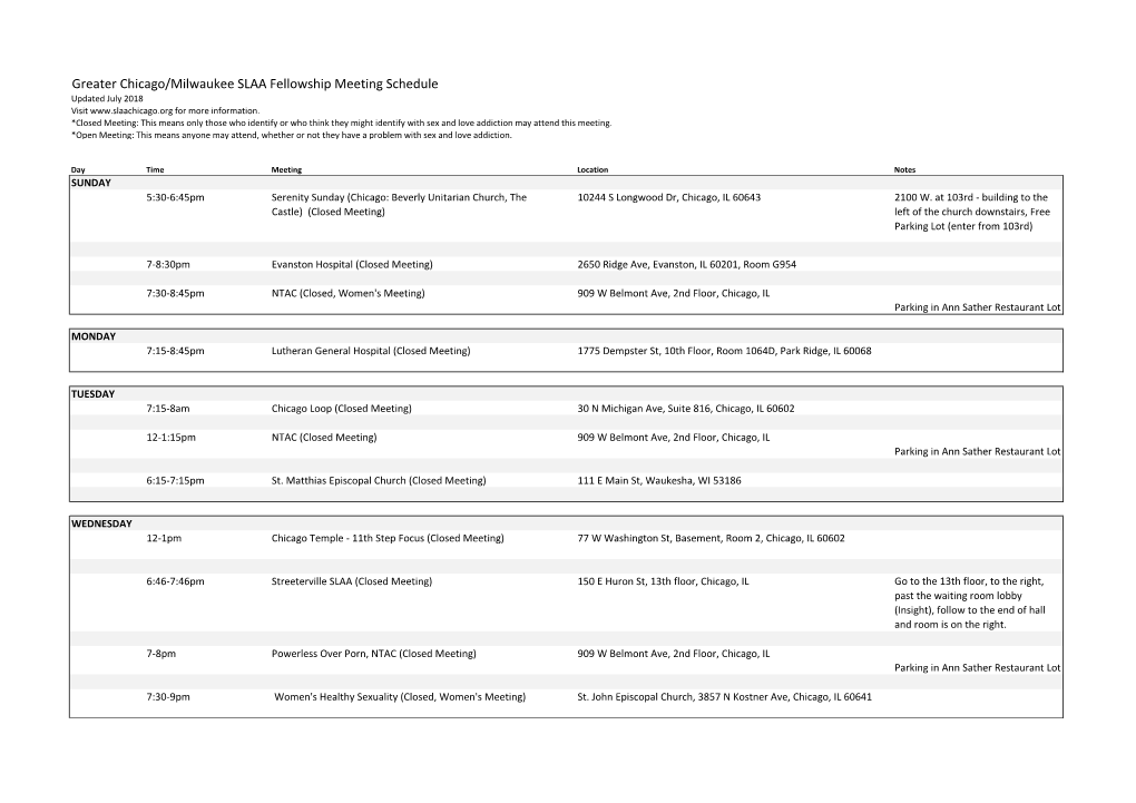 Greater Chicago/Milwaukee SLAA Fellowship Meeting Schedule Updated July 2018 Visit for More Information