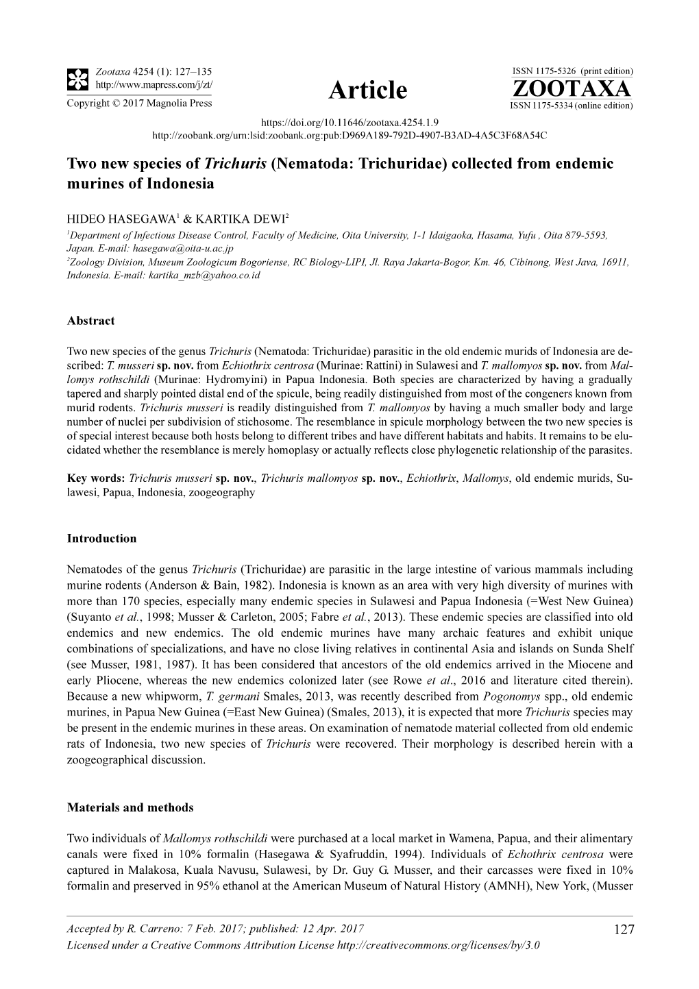 Two New Species of Trichuris (Nematoda: Trichuridae) Collected from Endemic Murines of Indonesia