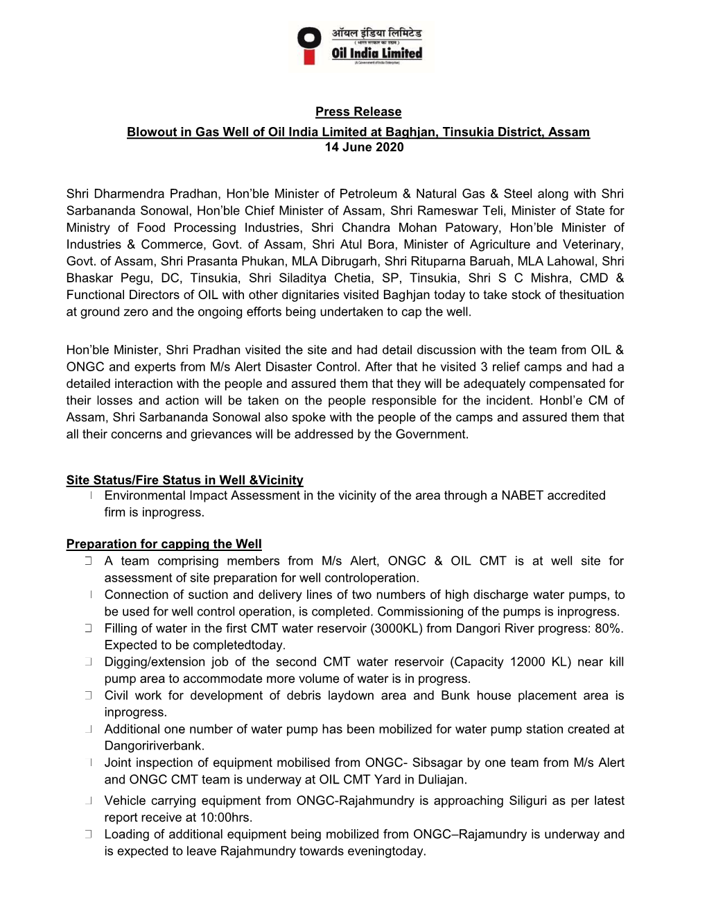 Press Release Blowout in Gas Well of Oil India Limited at Baghjan, Tinsukia District, Assam 14 June 2020