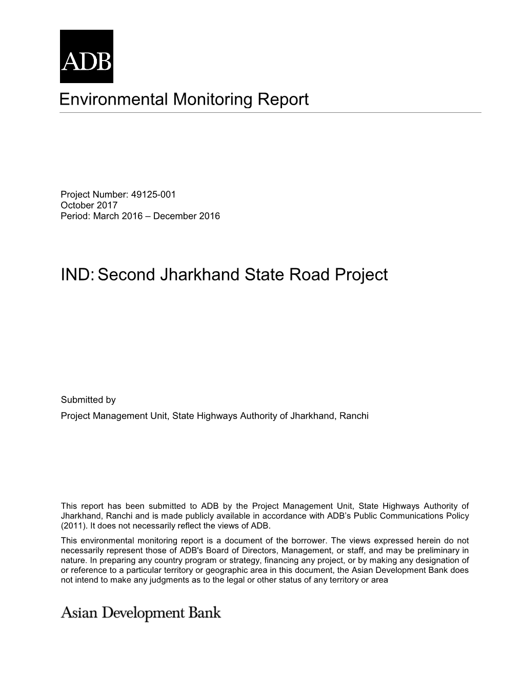 Environmental Monitoring Report IND:Second Jharkhand State Road