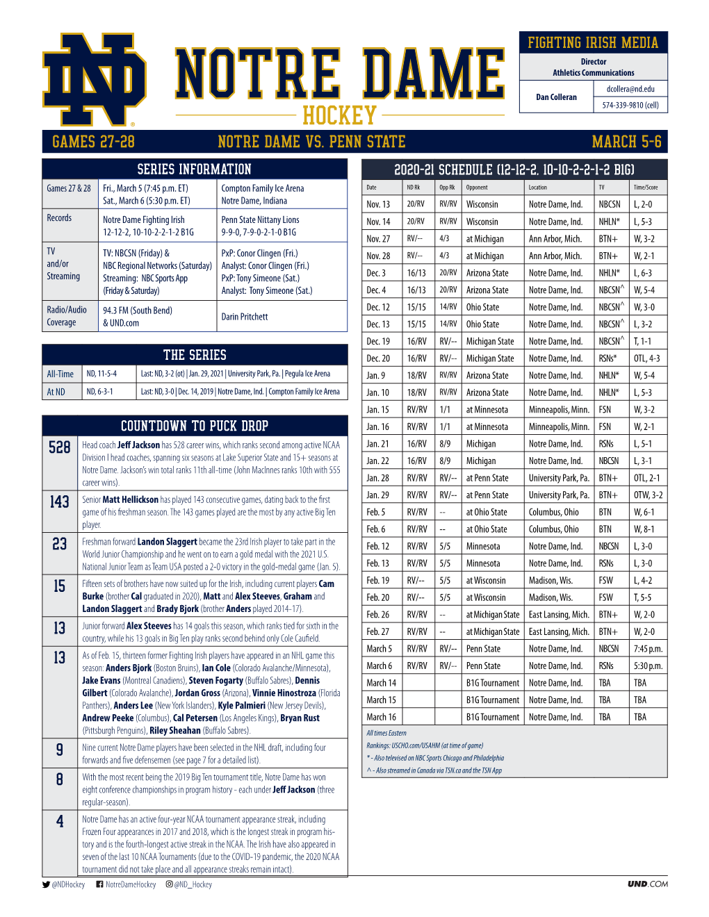 GAMES 27-28 NOTRE DAME VS. PENN STATE MARCH 5-6 SERIES INFORMATION 2020-21 SCHEDULE (12-12-2, 10-10-2-2-1-2 B1G) Games 27 & 28 Fri., March 5 (7:45 P.M