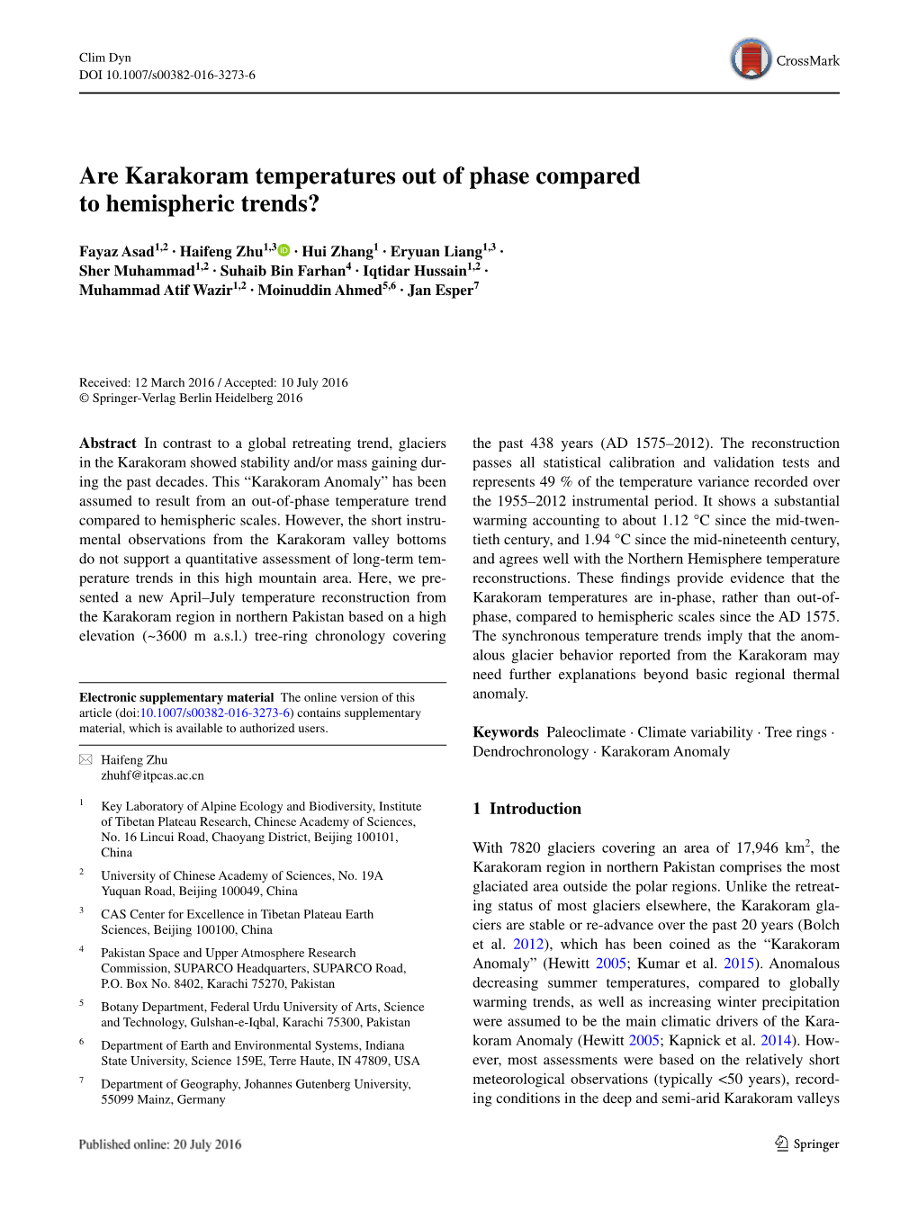 Are Karakoram Temperatures out of Phase Compared to Hemispheric Trends?