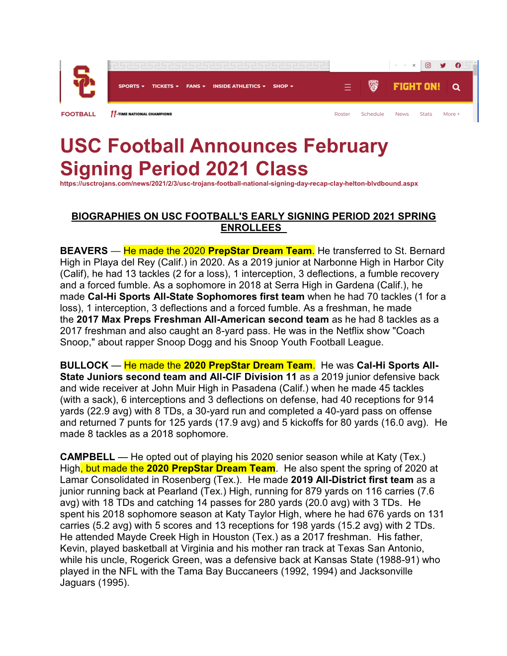 USC Football Announces February Signing Period 2021 Class