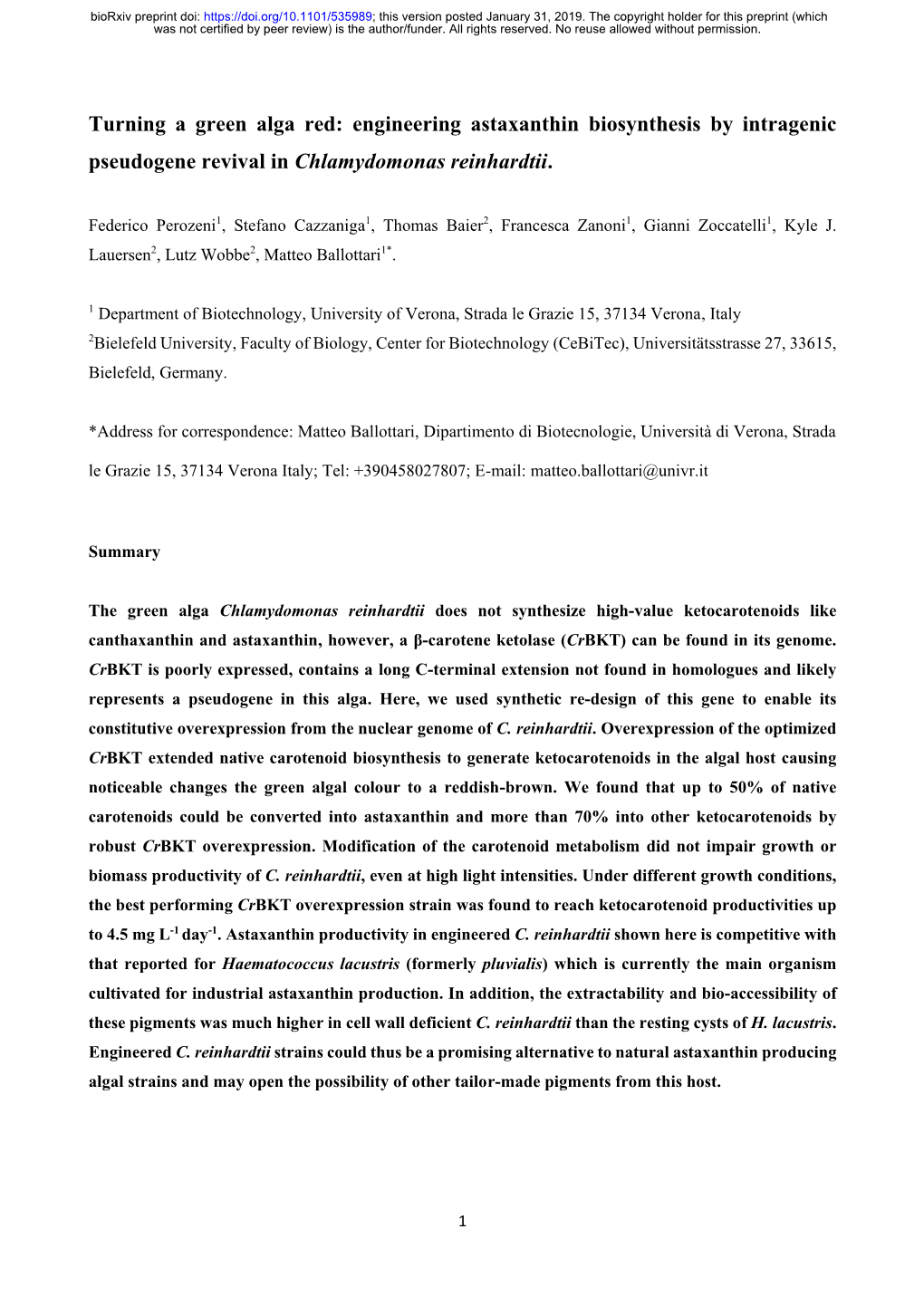 Engineering Astaxanthin Biosynthesis by Intragenic Pseudogene Revival in Chlamydomonas Reinhardtii