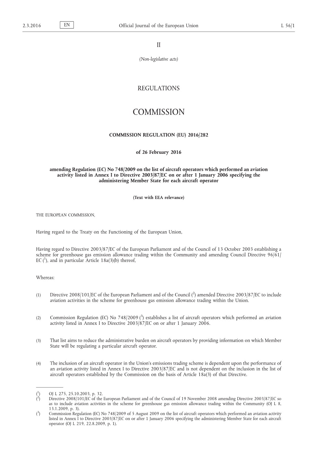 2016/282 of 26 February 2016 Amending Regulation (EC) No 748