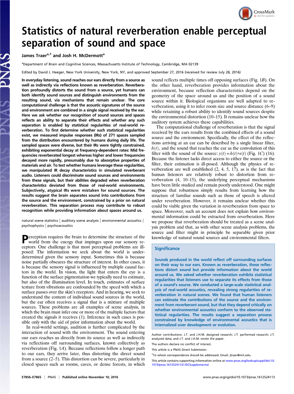 Statistics of Natural Reverberation Enable Perceptual Separation of Sound and Space