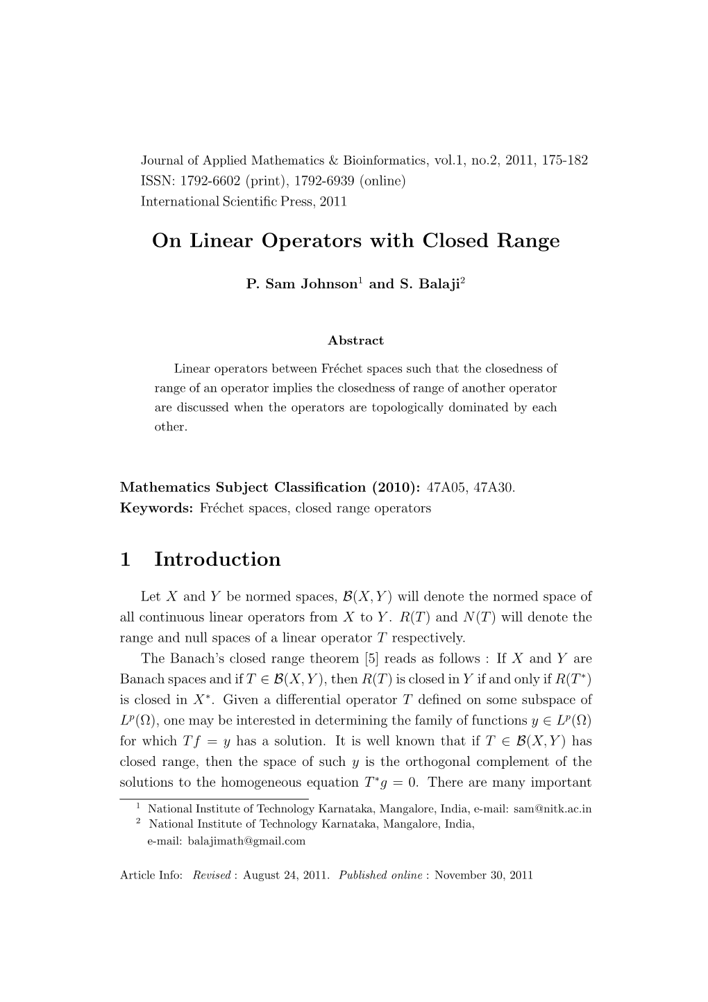 On Linear Operators with Closed Range 1 Introduction