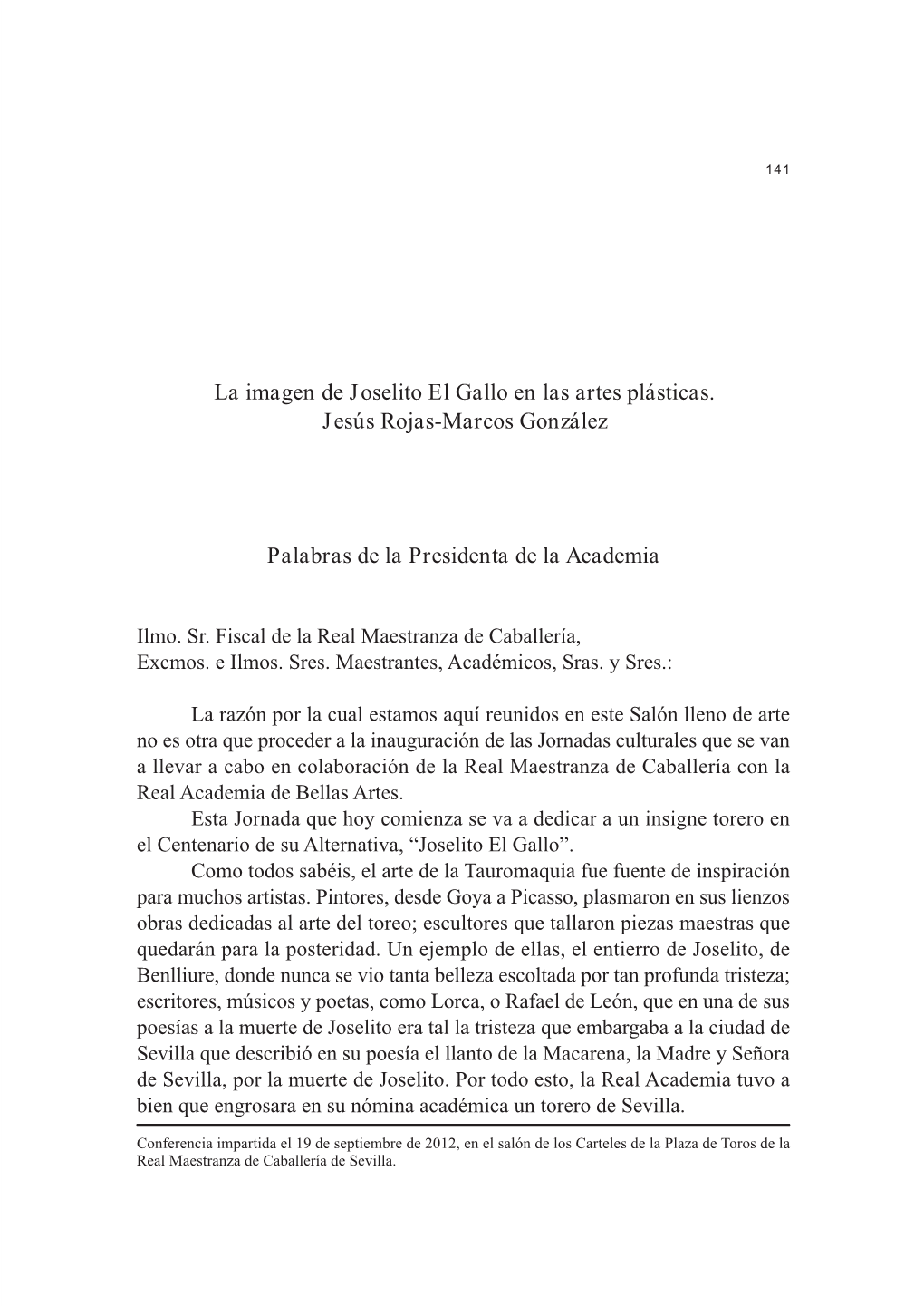 La Imagen De Joselito El Gallo En Las Artes Plásticas. Jesús Rojas-Marcos González