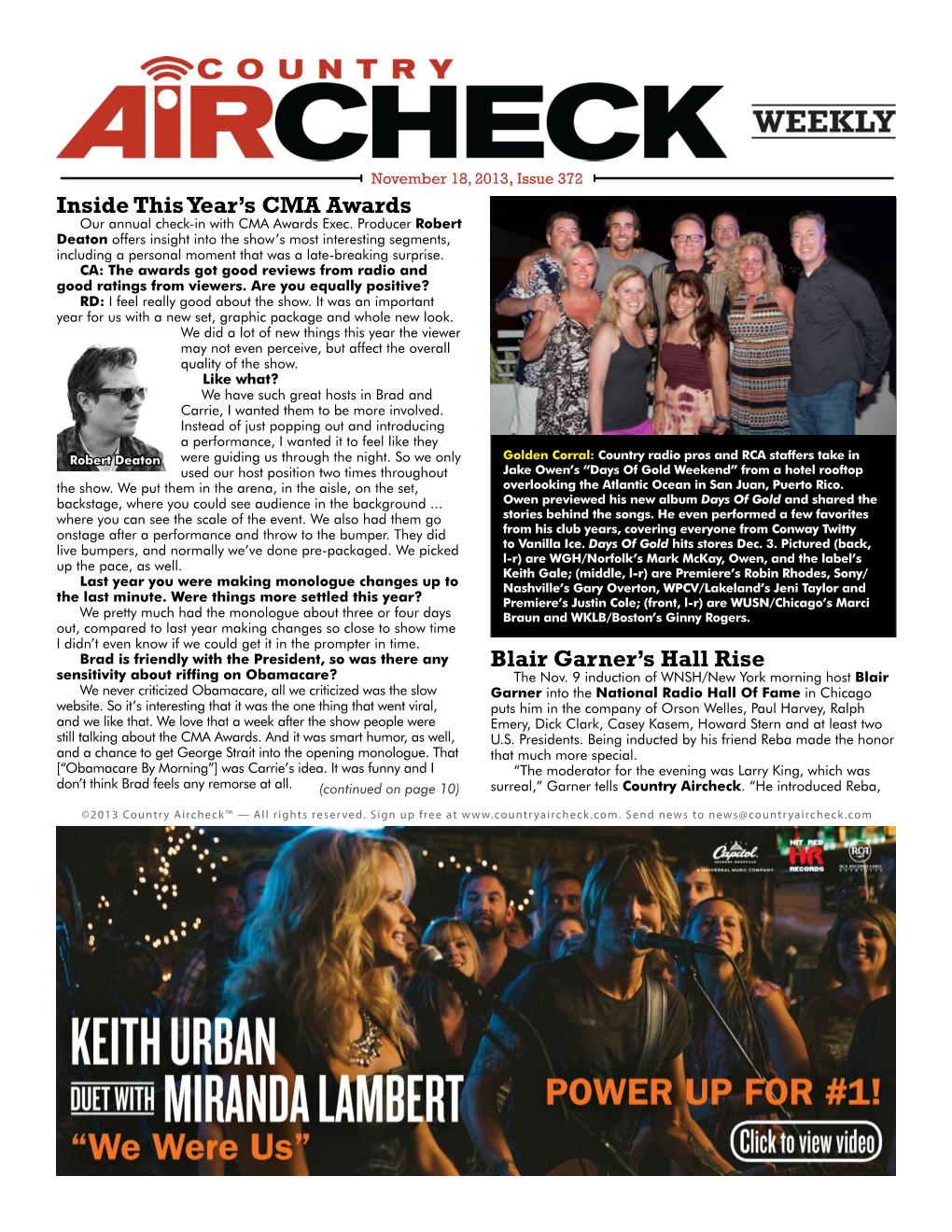 Issue 372 Inside This Year’S CMA Awards Our Annual Check-In with CMA Awards Exec