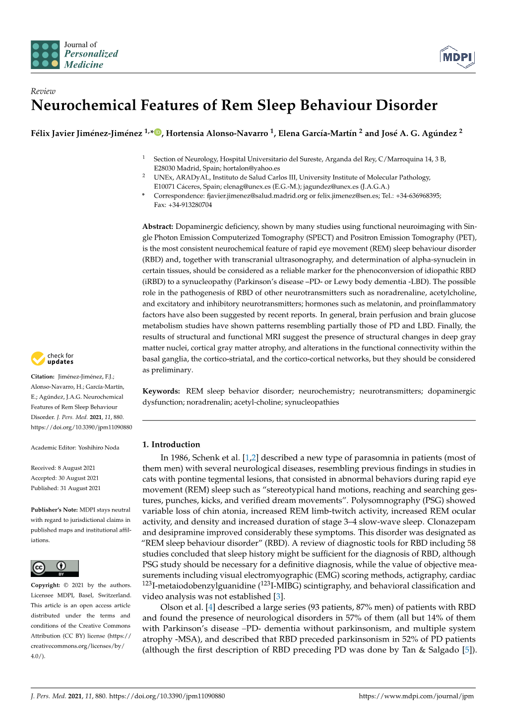 Neurochemical Features of Rem Sleep Behaviour Disorder