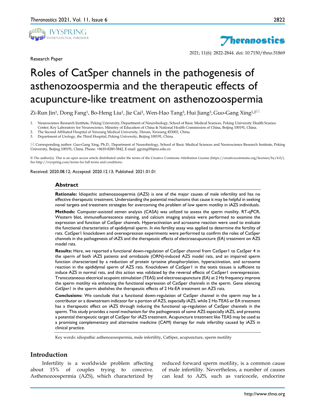 Theranostics Roles of Catsper Channels in the Pathogenesis Of