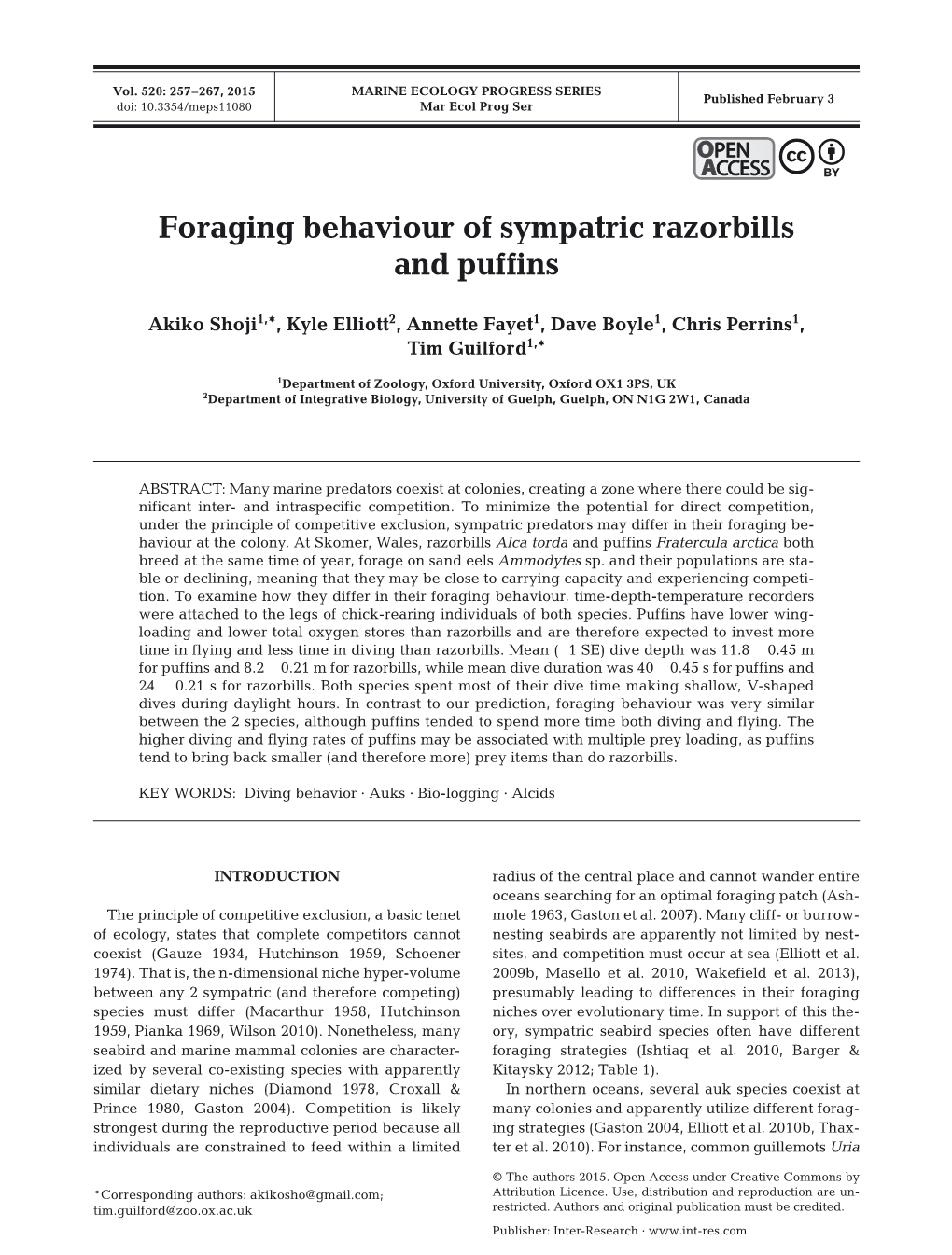 Foraging Behaviour of Sympatric Razorbills and Puffins