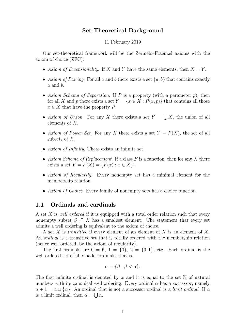 Set-Theoretical Background 1.1 Ordinals and Cardinals