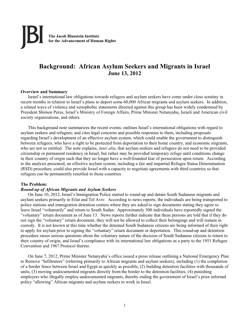 African Asylum Seekers and Migrants in Israel June 13, 2012