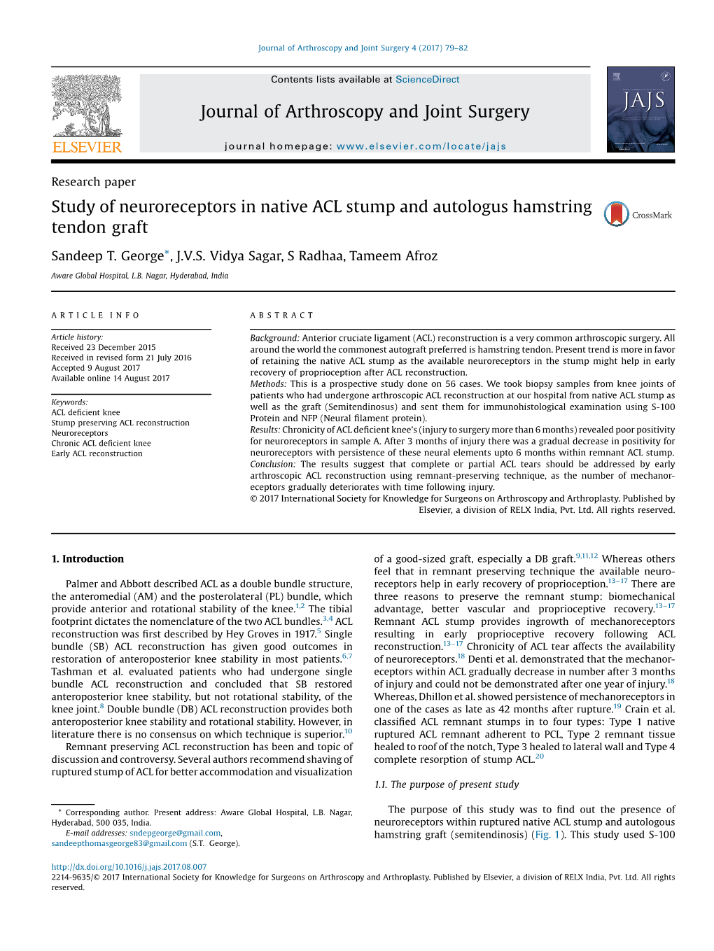 Study of Neuroreceptors in Native ACL Stump and Autologus Hamstring