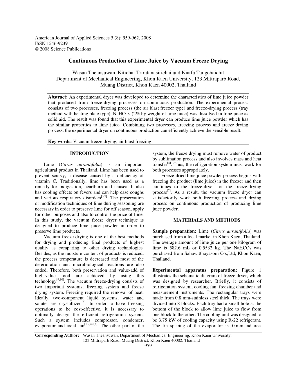 Continuous Production of Lime Juice by Vacuum Freeze Drying