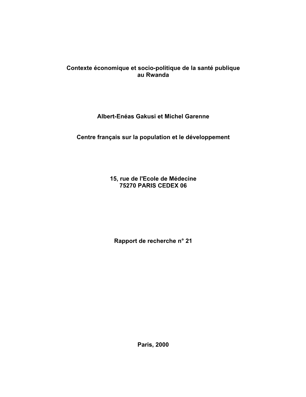 Contexte Économique Et Socio-Politique De La Santé Publique Au Rwanda