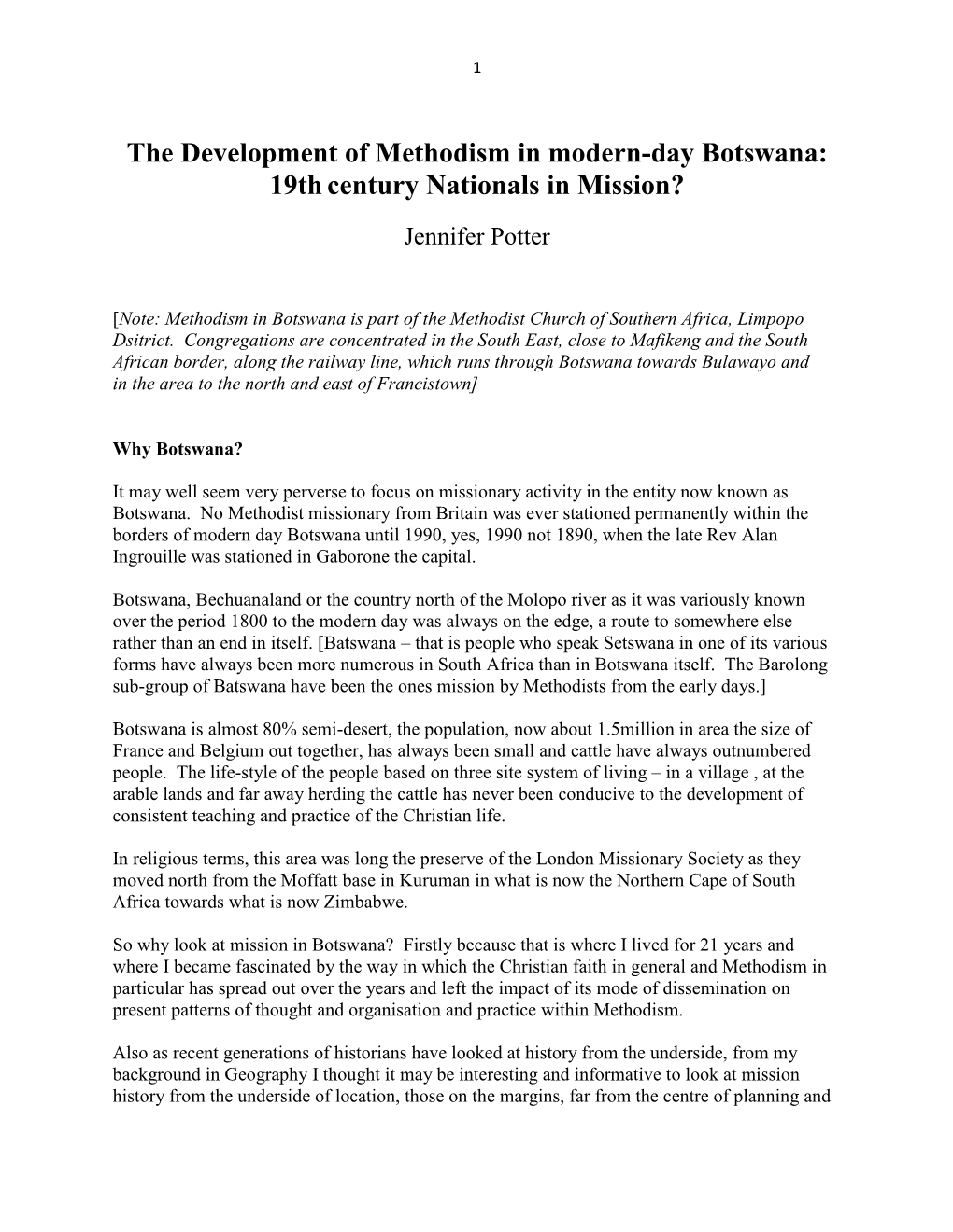 The Development of Methodism in Modern-Day Botswana