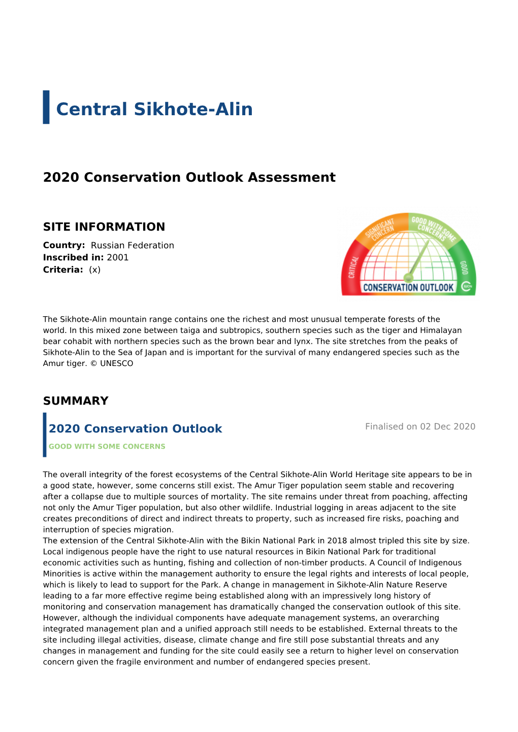 2020 Conservation Outlook Assessment