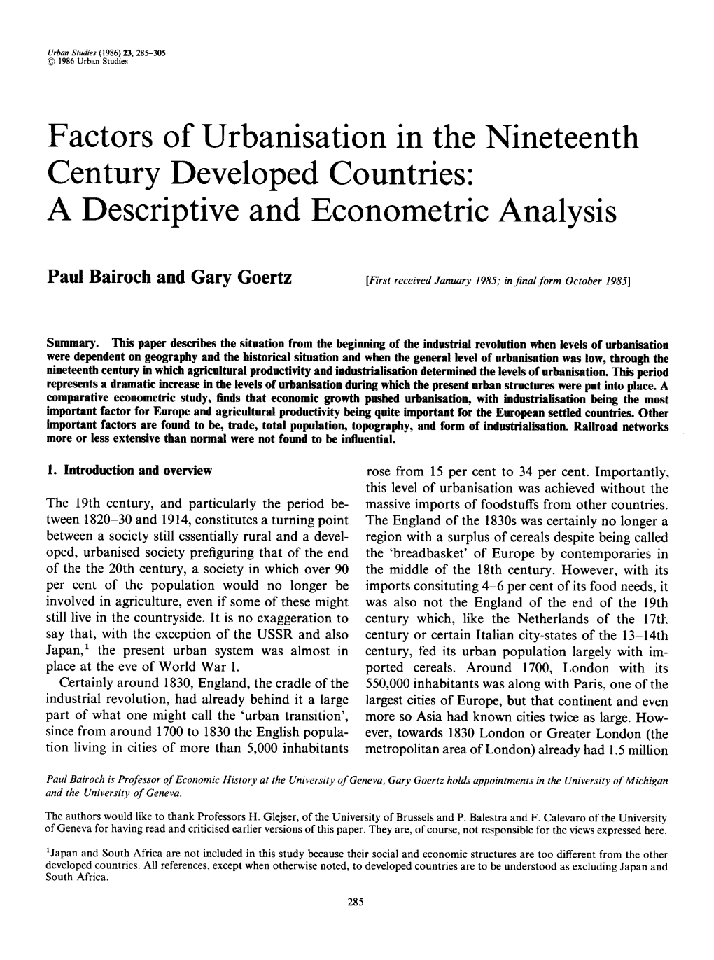 Factors of Urbanisation in the Nineteenth Century Developed Countries: a Descriptive and Econometric Analysis