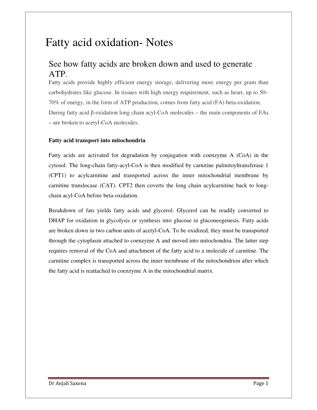 Fatty Acid Oxidation- Notes