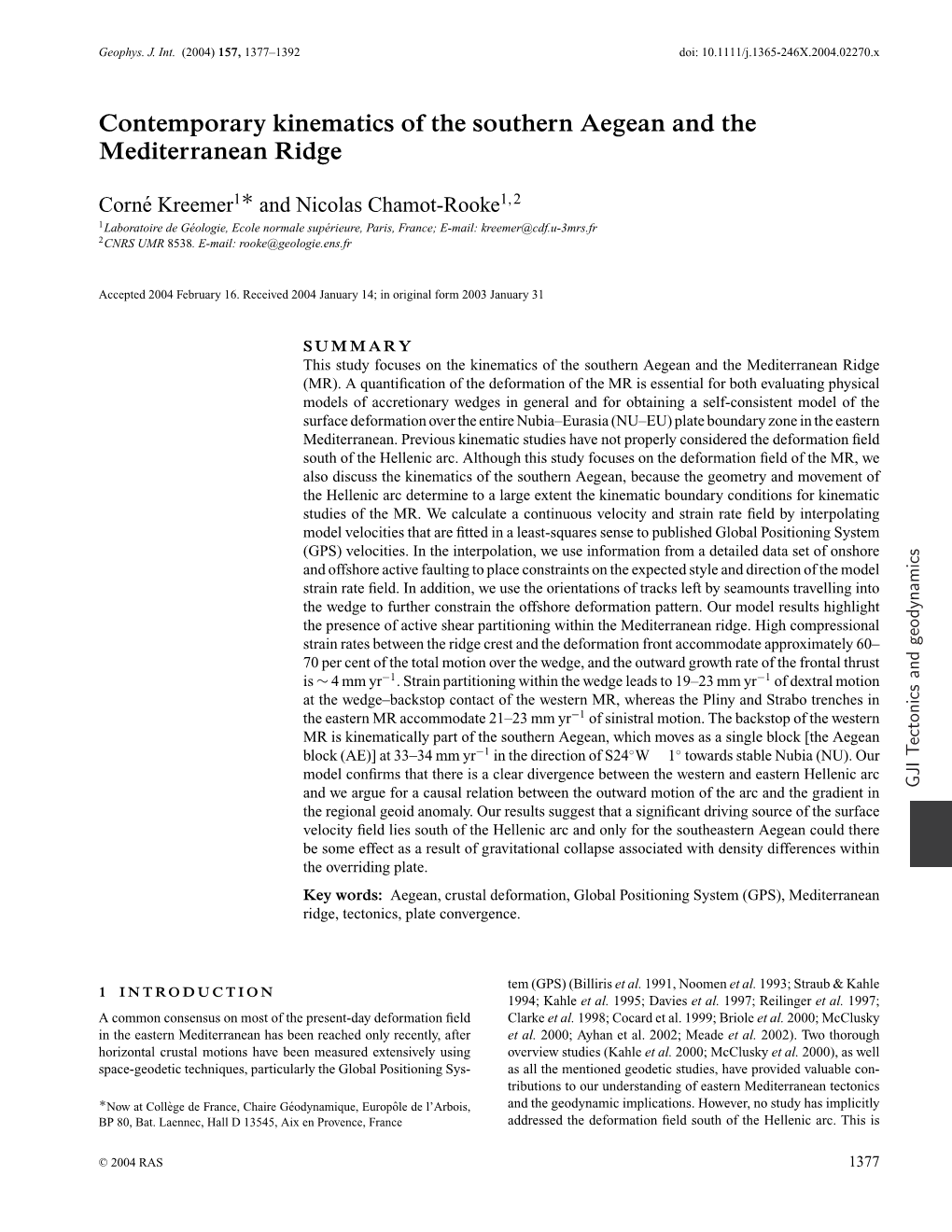 Contemporary Kinematics of the Southern Aegean and the Mediterranean Ridge