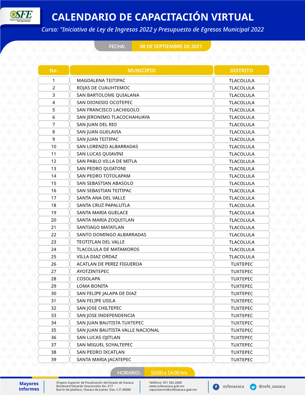 CALENDARIO DE CAPACITACIÓN VIRTUAL Curso: "Iniciativa De Ley De Ingresos 2022 Y Presupuesto De Egresos Municipal 2022