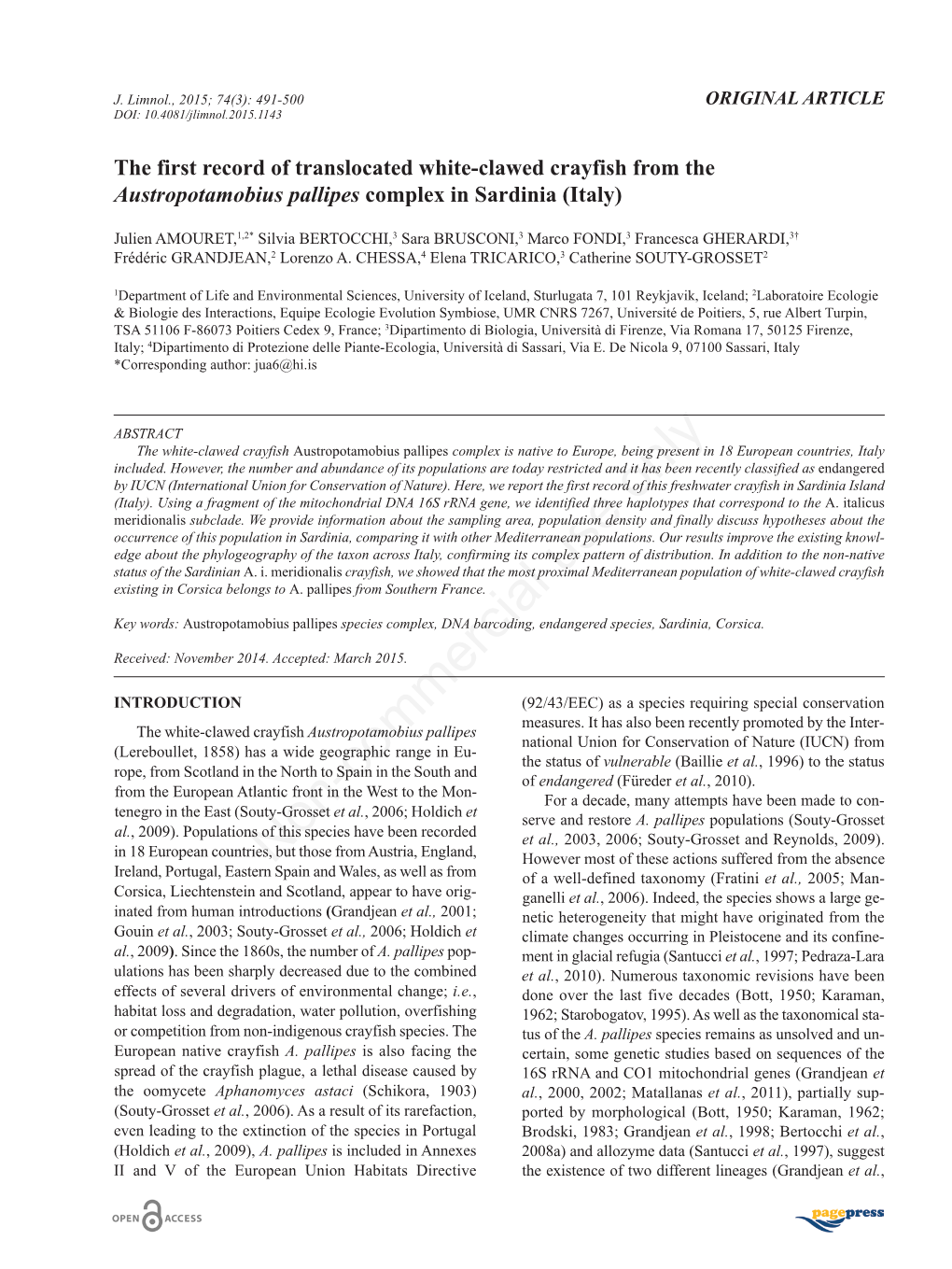 The First Record of Translocated White-Clawed Crayfish from the Austropotamobius Pallipes Complex in Sardinia (Italy)