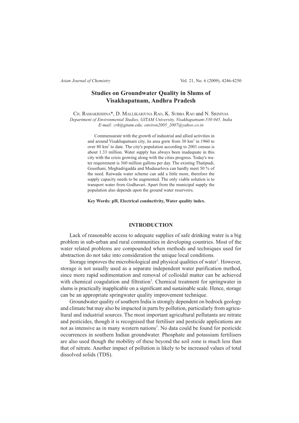 Studies on Groundwater Quality in Slums of Visakhapatnam, Andhra Pradesh