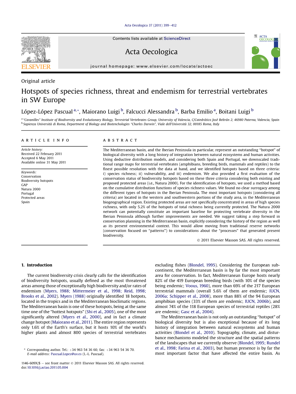 Hotspots of Species Richness, Threat and Endemism for Terrestrial Vertebrates in SW Europe