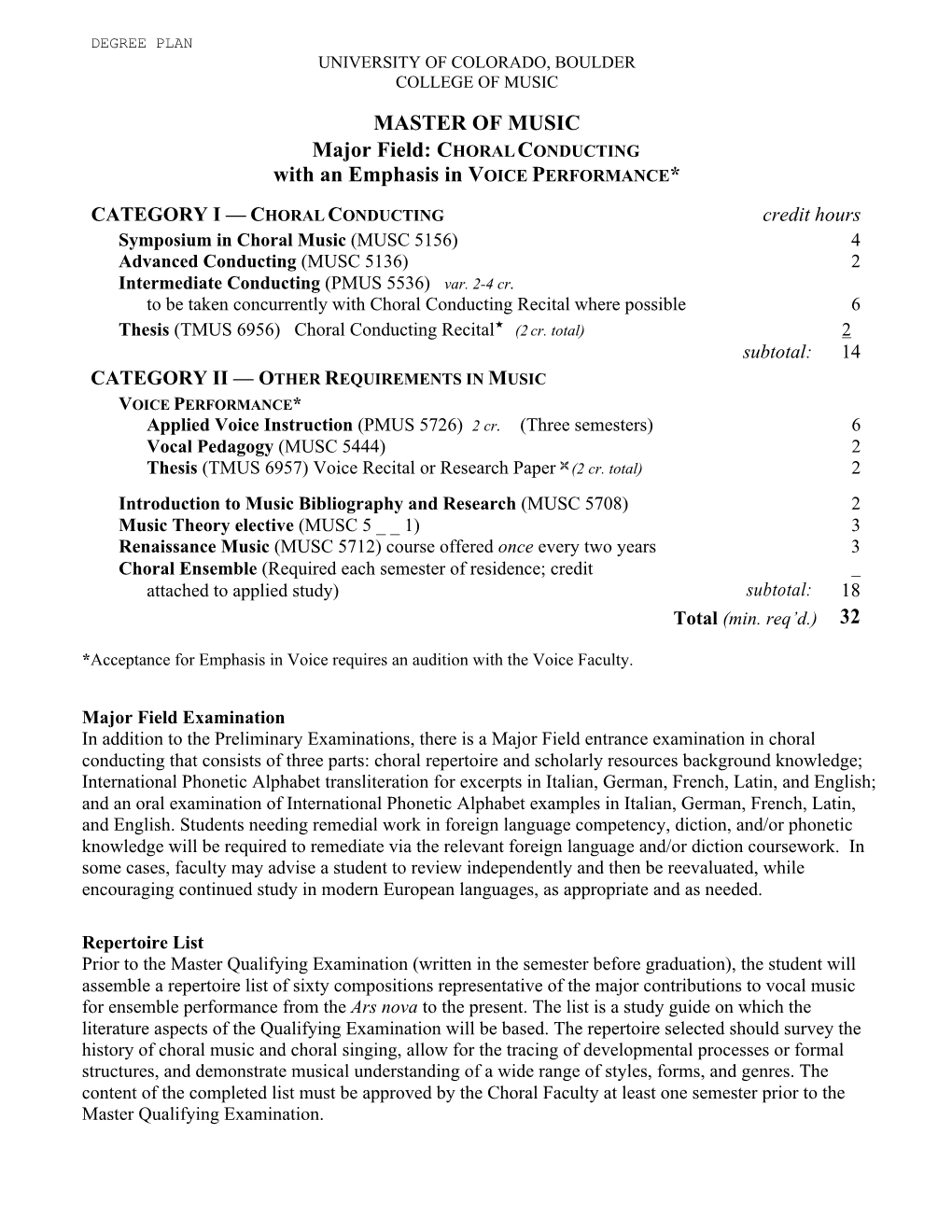 CHORAL CONDUCTING with an Emphasis in VOICE PERFORMANCE*