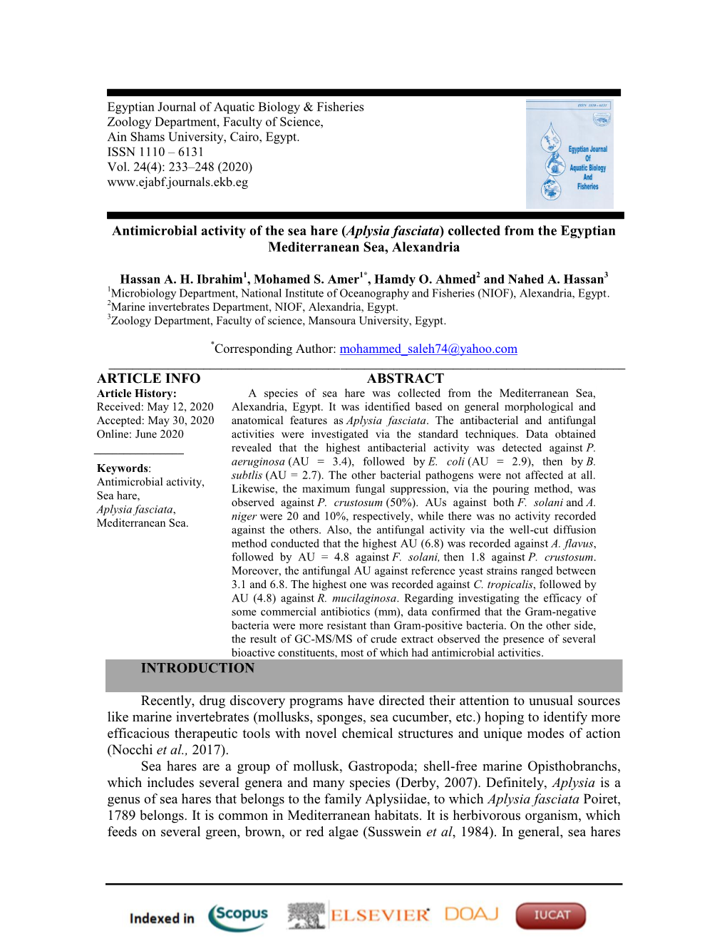 Antimicrobial Activity of the Sea Hare (Aplysia Fasciata )