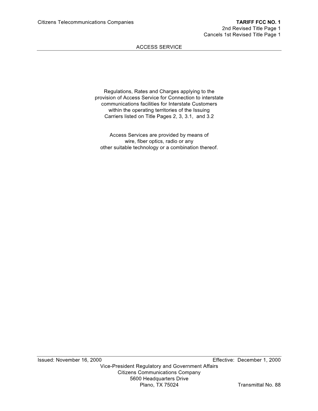 Citizens Telecommunications Companies TARIFF FCC NO. 1 2Nd Revised Title Page 1 Cancels 1St Revised Title Page 1