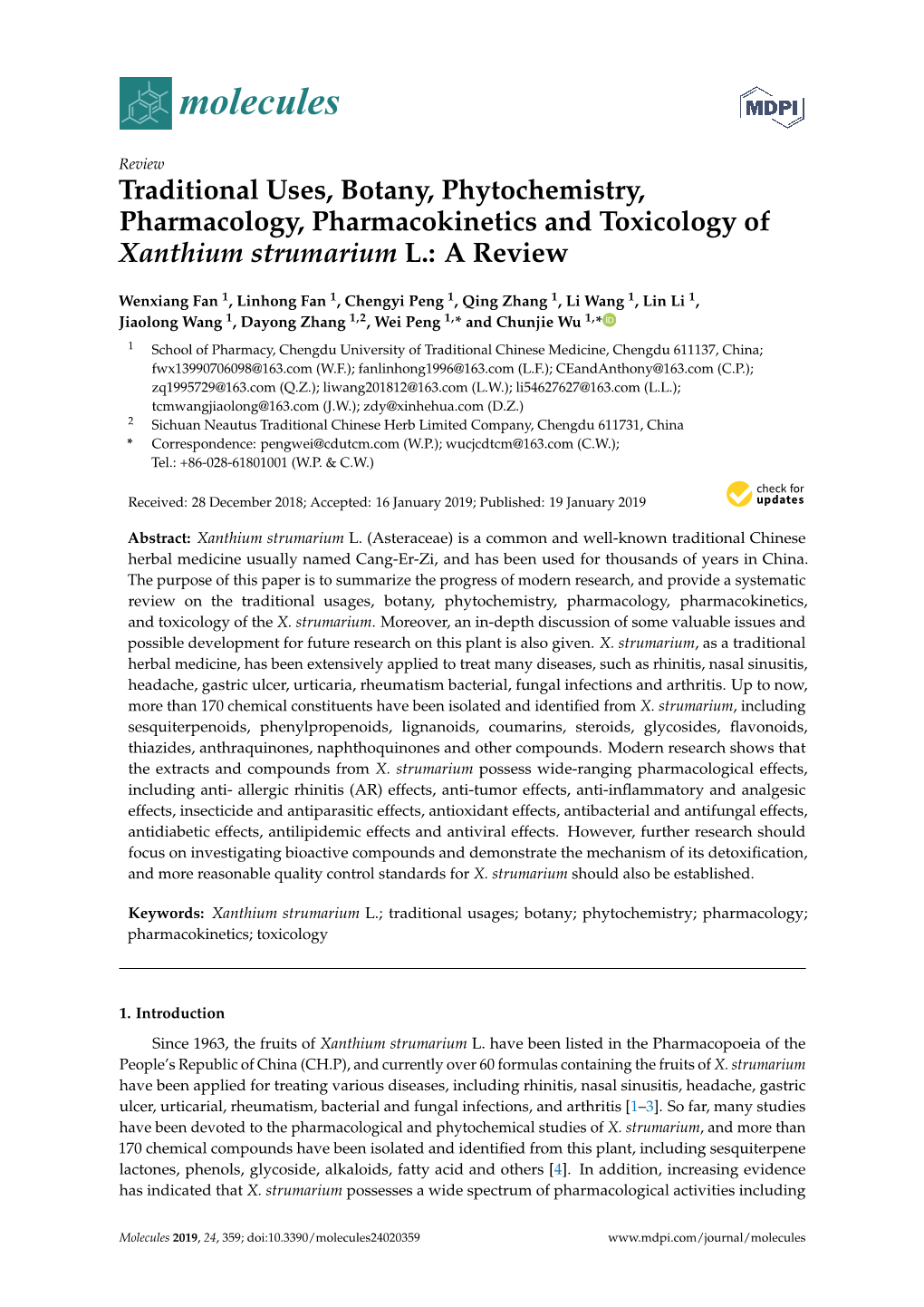 Traditional Uses, Botany, Phytochemistry, Pharmacology, Pharmacokinetics and Toxicology of Xanthium Strumarium L.: a Review