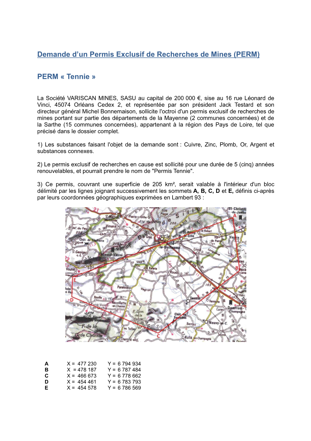 Permis Exclusif De Recherches De Mines » Déposée Par