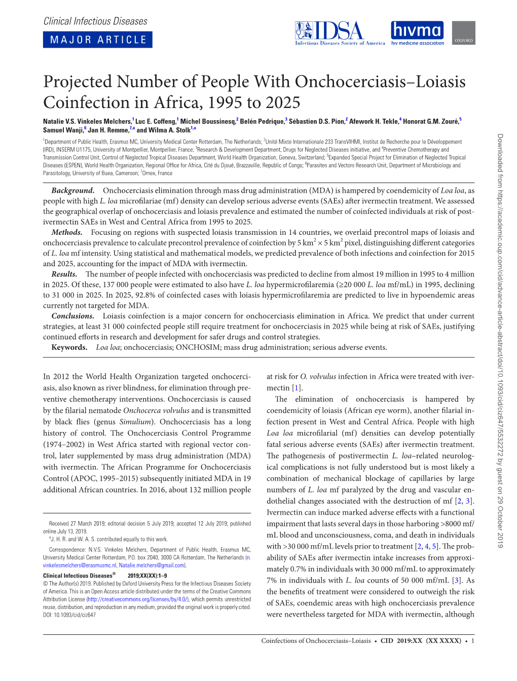 Projected Number of People with Onchocerciasis–Loiasis Coinfection in Africa, 1995 to 2025 Natalie V.S