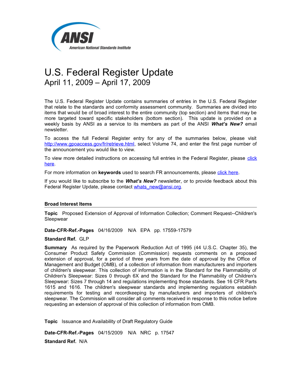 Standards and Trade Related Notices from the U.S. Federal Register, 4.17.09