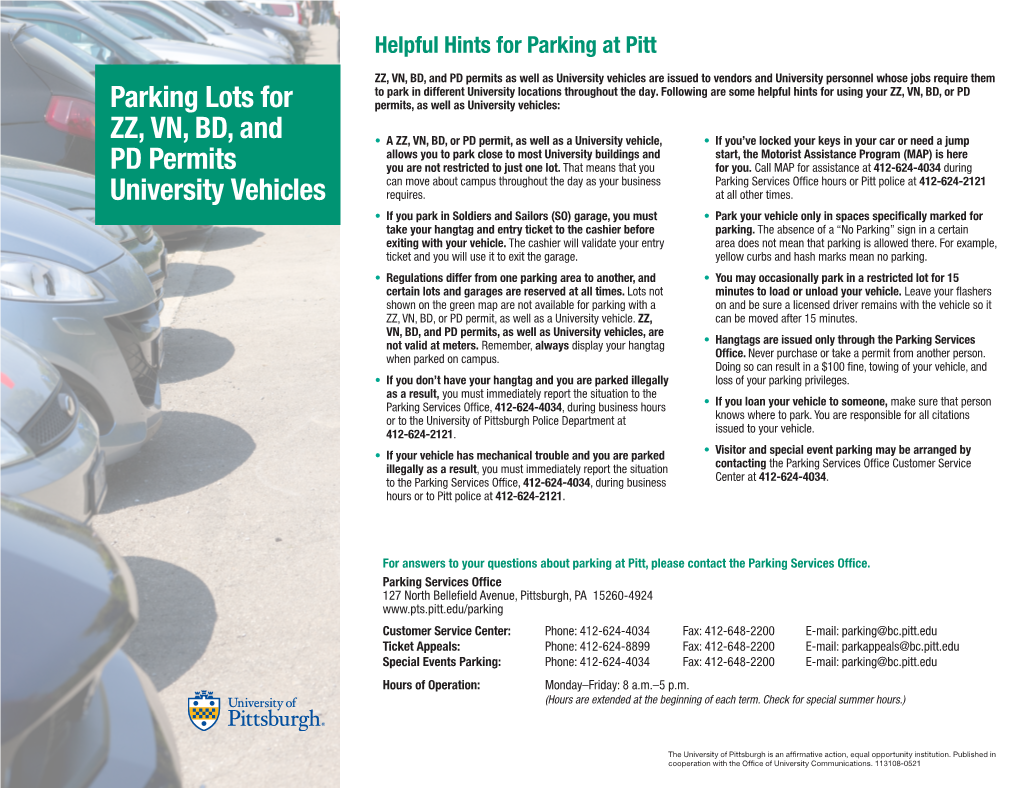 Parking Lots for ZZ, VN, and PD Permits, University Vehicles