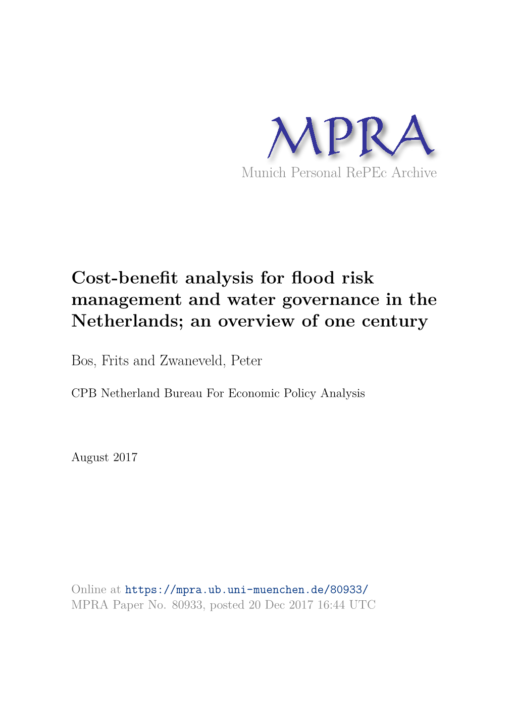 Cost-Benefit Analysis for Flood Risk Management and Water