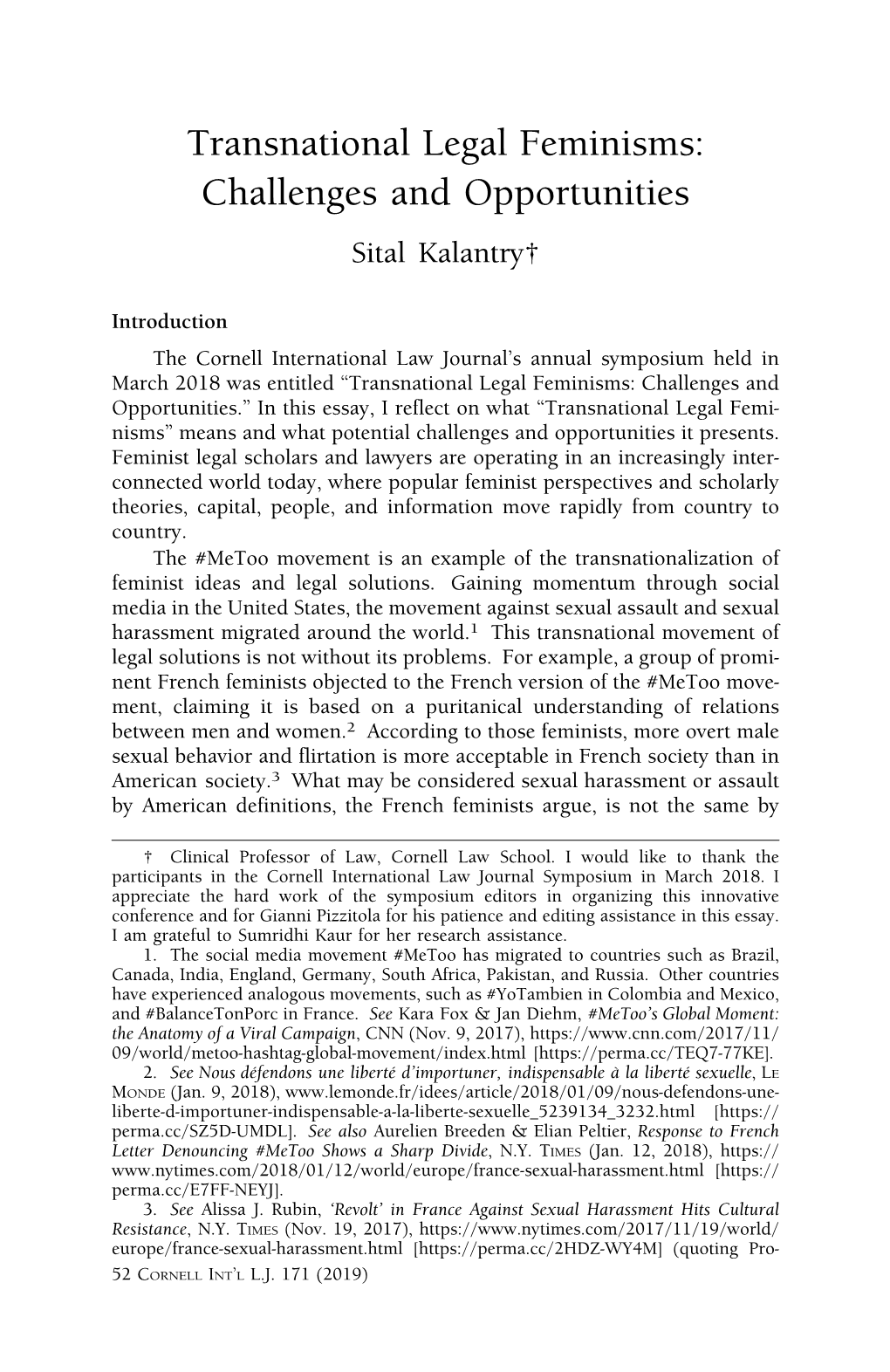 Transnational Legal Feminisms: Challenges and Opportunities Sital Kalantry†